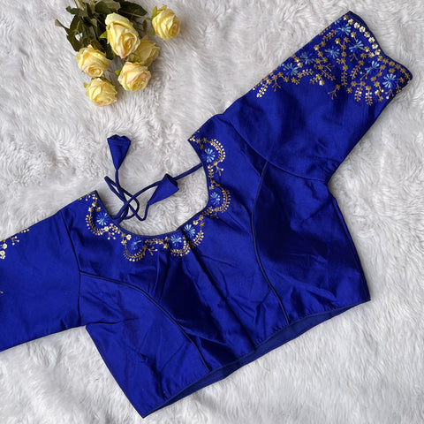 Designer Blue Color Silk Embroidered Blouse For Wedding & Party Wear (Design 1403)