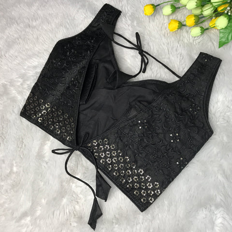 Black Coloured Phantom Silk Two Tone Embroidery & Sequence Work Designer Sleeveless Ready made Blouse For Wedding & Party Wear For Women (D1452)