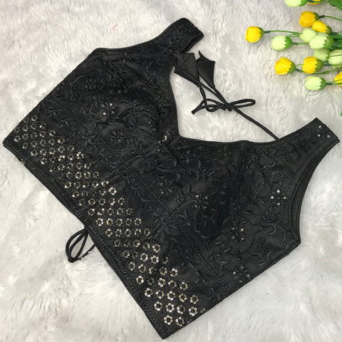 Black Coloured Phantom Silk Two Tone Embroidery & Sequence Work Designer Sleeveless Ready made Blouse For Wedding & Party Wear For Women (D1452)