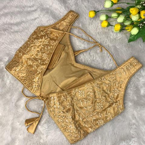 Golden Coloured Phantom Silk Two Tone Embroidery & Sequence Work Designer Sleeveless Ready made Blouse For Wedding & Party Wear For Women (D1453)