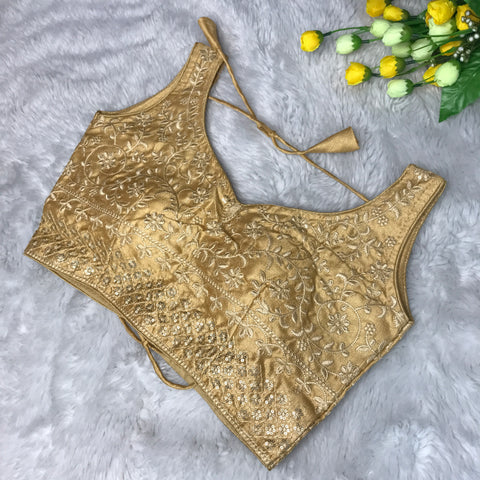 Golden Coloured Phantom Silk Two Tone Embroidery & Sequence Work Designer Sleeveless Ready made Blouse For Wedding & Party Wear For Women (D1453)