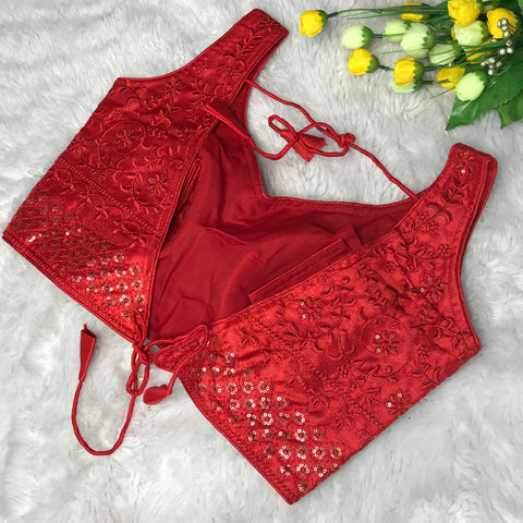 Red Coloured Phantom Silk Two Tone Embroidery & Sequence Work Designer Sleeveless Ready made Blouse For Wedding & Party Wear For Women (D1455)