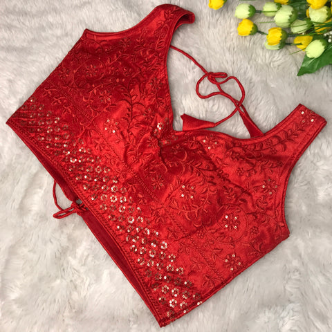 Red Coloured Phantom Silk Two Tone Embroidery & Sequence Work Designer Sleeveless Ready made Blouse For Wedding & Party Wear For Women (D1455)