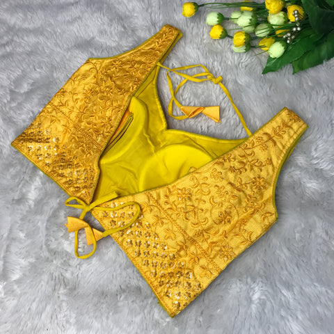 Yellow Coloured Phantom Silk Two Tone Embroidery & Sequence Work Designer Sleeveless Ready made Blouse For Wedding & Party Wear For Women (D1454)
