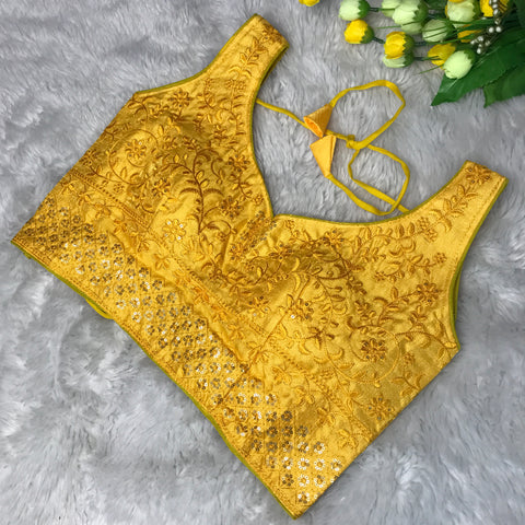 Yellow Coloured Phantom Silk Two Tone Embroidery & Sequence Work Designer Sleeveless Ready made Blouse For Wedding & Party Wear For Women (D1454)