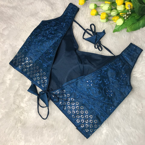 Teal Blue Coloured Phantom Silk Two Tone Embroidery & Sequence Work Designer Sleeveless Ready made Blouse For Wedding & Party Wear For Women (D1457)