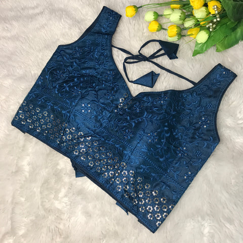 Teal Blue Coloured Phantom Silk Two Tone Embroidery & Sequence Work Designer Sleeveless Ready made Blouse For Wedding & Party Wear For Women (D1457)