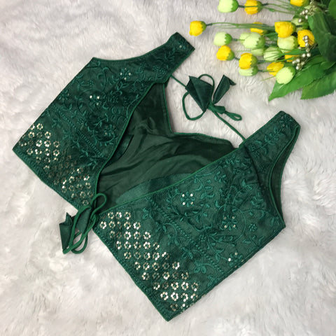 Green Coloured Phantom Silk Two Tone Embroidery & Sequence Work Designer Sleeveless Ready made Blouse For Wedding & Party Wear For Women (D1458)