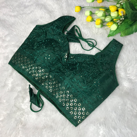 Green Coloured Phantom Silk Two Tone Embroidery & Sequence Work Designer Sleeveless Ready made Blouse For Wedding & Party Wear For Women (D1458)
