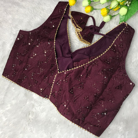 Wine Coloured Phantom Silk Two Tone Embroidery & Sequence Work Designer Sleeveless Ready made Blouse For Wedding & Party Wear For Women (D1461)