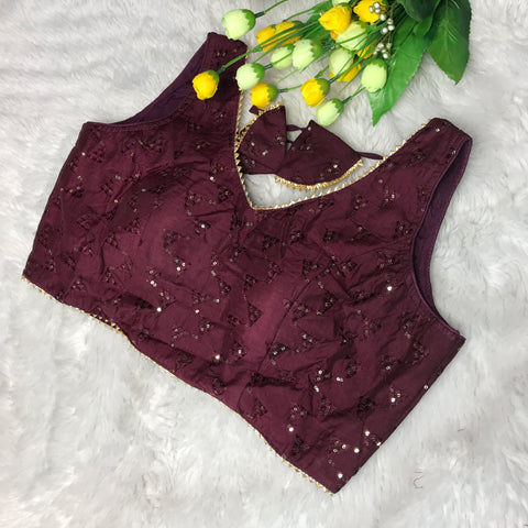 Wine Coloured Phantom Silk Two Tone Embroidery & Sequence Work Designer Sleeveless Ready made Blouse For Wedding & Party Wear For Women (D1461)