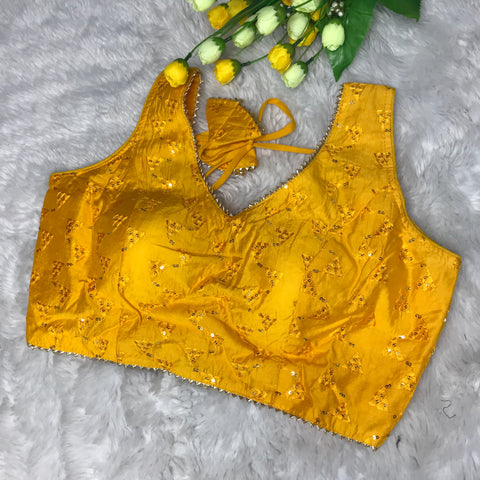 Yellow Coloured Phantom Silk Two Tone Embroidery & Sequence Work Designer Sleeveless Ready made Blouse For Wedding & Party Wear For Women (D1462)