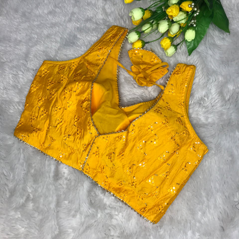 Yellow Coloured Phantom Silk Two Tone Embroidery & Sequence Work Designer Sleeveless Ready made Blouse For Wedding & Party Wear For Women (D1462)