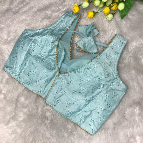 Sky Blue Coloured Phantom Silk Two Tone Embroidery & Sequence Work Designer Sleeveless Ready made Blouse For Wedding & Party Wear For Women (D1464)