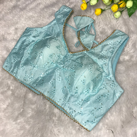 Sky Blue Coloured Phantom Silk Two Tone Embroidery & Sequence Work Designer Sleeveless Ready made Blouse For Wedding & Party Wear For Women (D1464)