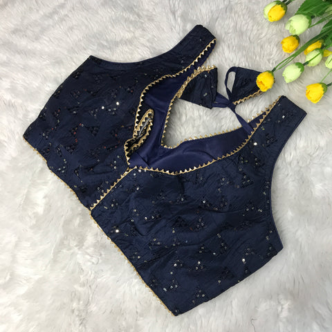 Navy Blue Coloured Phantom Silk Two Tone Embroidery & Sequence Work Designer Sleeveless Ready made Blouse For Wedding & Party Wear For Women (D1469)