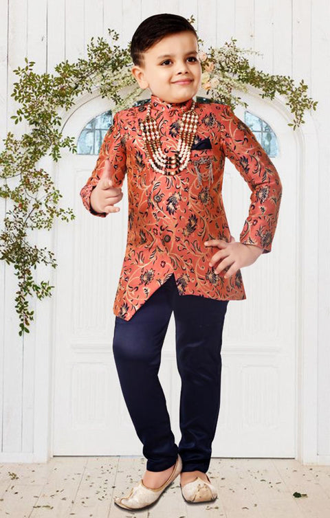 Boys' Sherwani & Pant in Peach/Navy Color for Party Wear