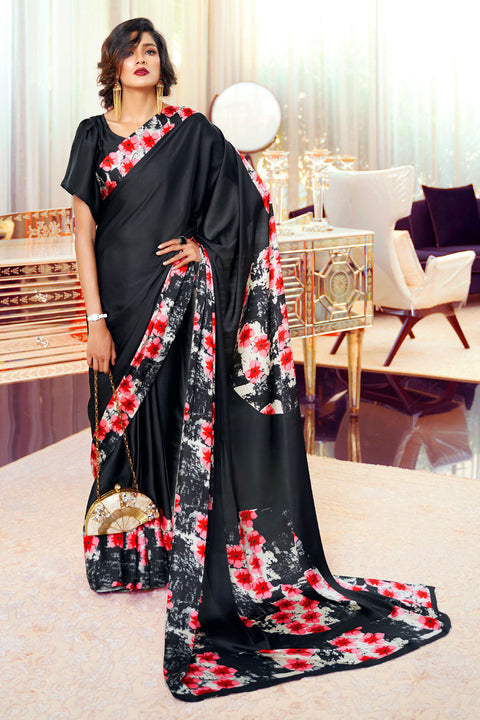 Black Crepe Saree with Red Flowers - PAAIE