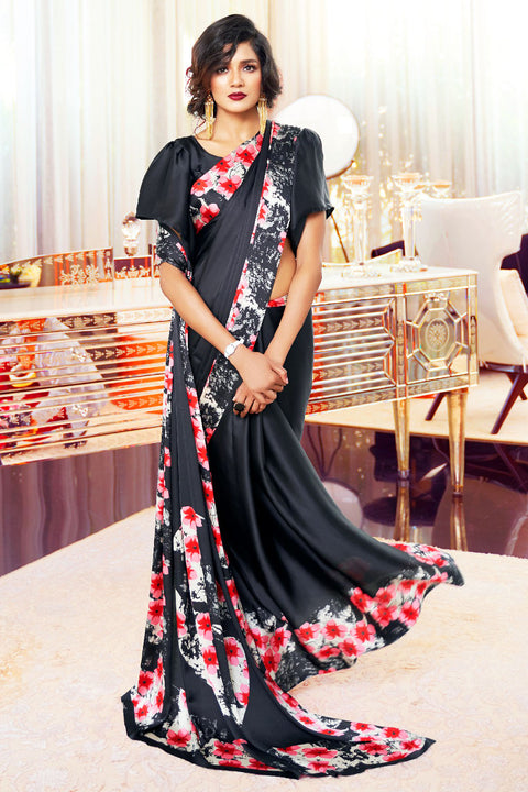 Black Crepe Saree with Red Flowers - PAAIE