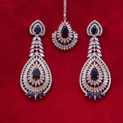 Blue Stones Gold American Diamond Contemporary Earrings with Mang Tikka (E161) - PAAIE