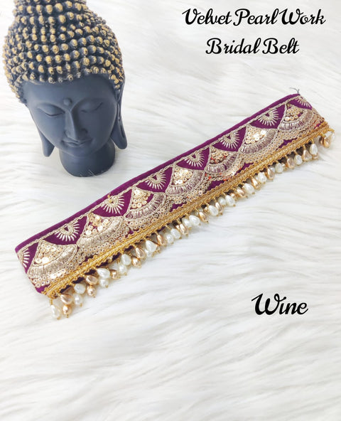 Wine Color Velvet Pearl Work  Kamarband Bridal Belt / Sari Belt For Women With Embroidery (B15)