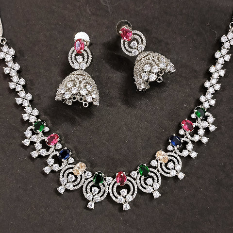 Multi Color American Diamond Necklace with Earrings (D125) - PAAIE
