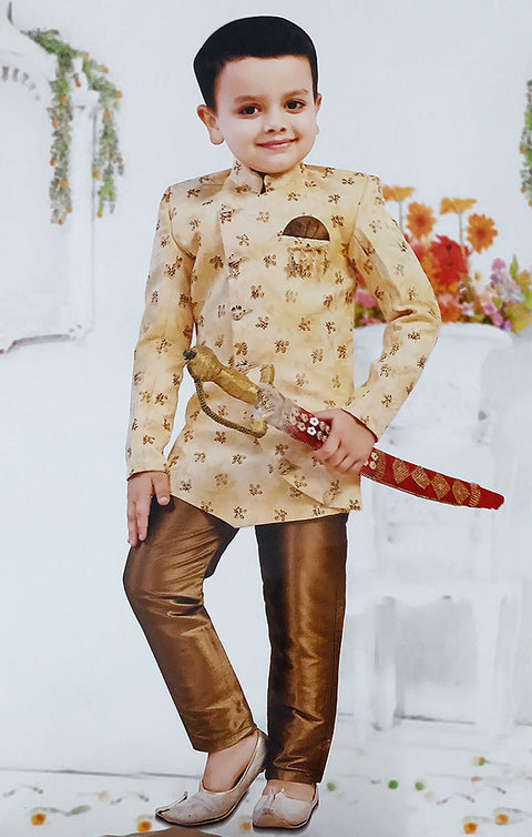 Boys' Sherwani & Pant in Cream/Brown Color - PAAIE