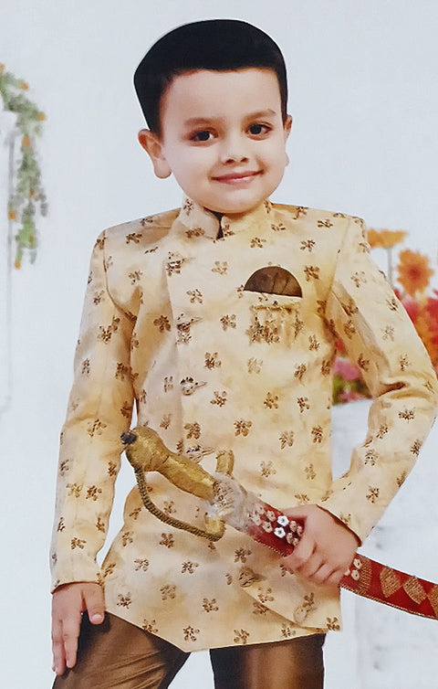 Boys' Sherwani & Pant in Cream/Brown Color - PAAIE