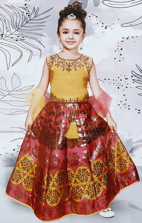 Girls' Lehenga Choli in Yellow/Red Color with Embroidery Work - PAAIE
