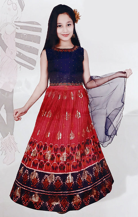 Girls' Lehenga Choli in Blue/Red Color with Embroidery Work - PAAIE