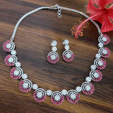 Red Color American Diamond Necklace with Earrings (D122) - PAAIE