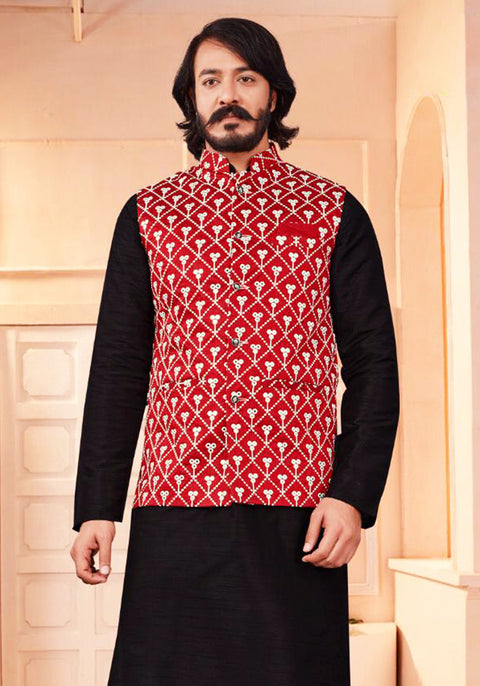 Designer Silk Kurta Pajama with Waist Coat in Mirror Work - Black/Red (D73)