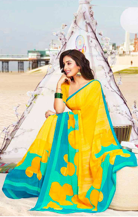 Designer Yellow/Green Georgette Printed Saree for Casual Wear (D408)