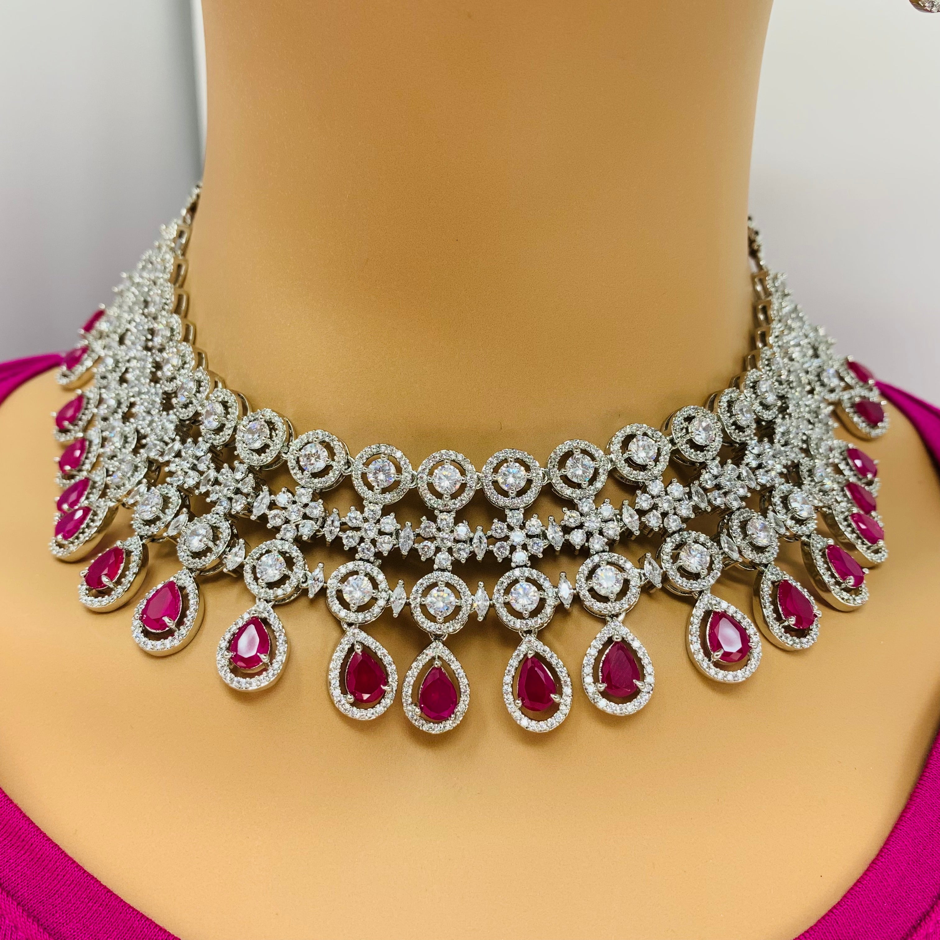 Designer Semi Precious American Diamond Ruby Necklace with