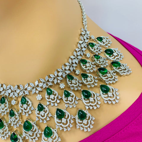 Designer Semi-Precious American Diamond & Emerald Necklace with Earrings (D669)