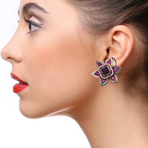 American Diamond Designer Earring in Magenta Color (E29) - PAAIE