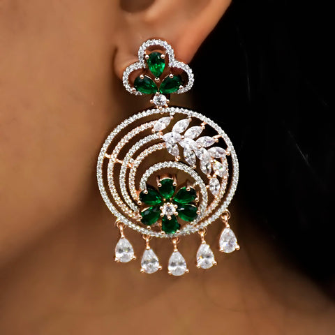 Emarald Green Stone Gold American Diamond Contemporary Earrings (E116) - PAAIE