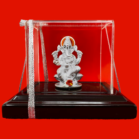 999 Pure Silver Ganesha Idol with Scarlet and Yellow Flower in Rectangular Base - PAAIE