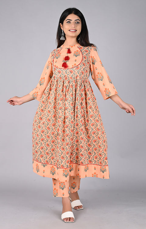 Marvellous Peach Cotton Silk Kurti With Plazzo For Casual Wear With Plus Sizes (K177) - PAAIE