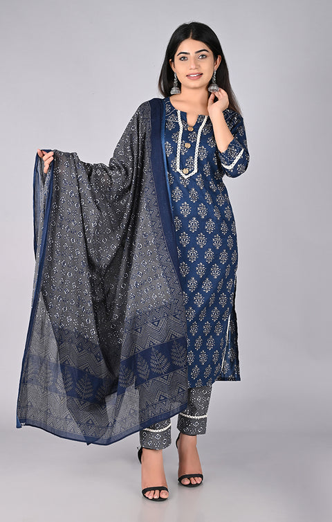 Sensational Blue Cotton Silk Kurti With Plazzo For Casual Wear With Plus Sizes (K187) - PAAIE