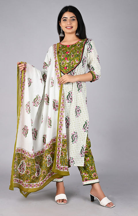 White & Green Designer Kurti Pant with Dupatta For Ethnic Wear (K324) - PAAIE