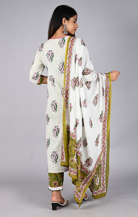 White & Green Designer Kurti Pant with Dupatta For Ethnic Wear (K324) - PAAIE