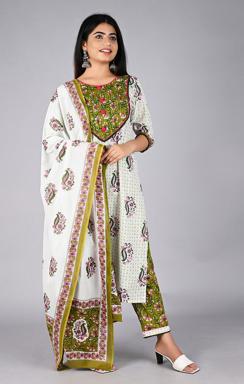 White & Green Designer Kurti Pant with Dupatta For Ethnic Wear (K324) - PAAIE