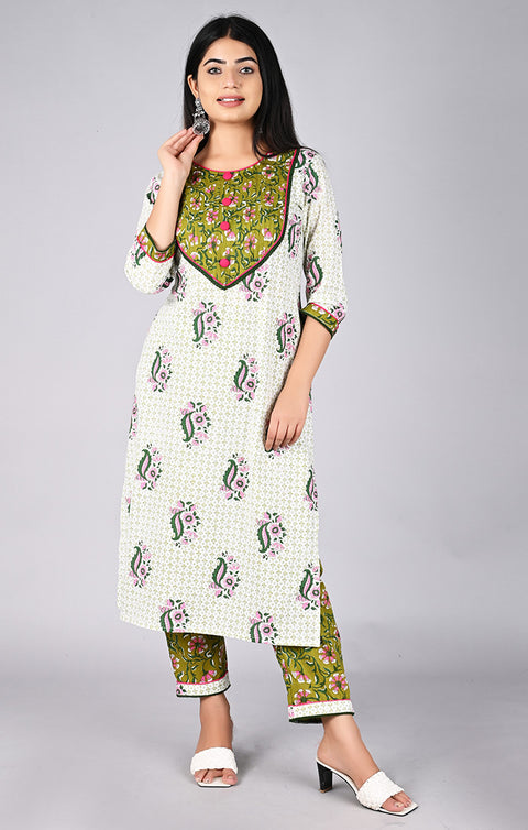 White & Green Designer Kurti Pant with Dupatta For Ethnic Wear (K324) - PAAIE