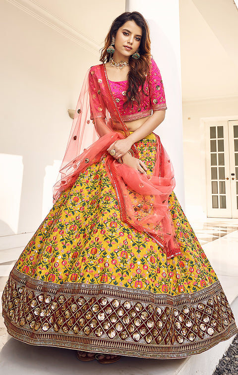Designer Wedding Special Pink/Yellow Color Heavy Embroidered & Sequin Work Lehenga Choli (D84)