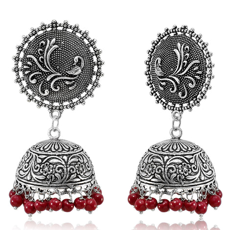 Round Red Oxidized Designer Jhumki - PAAIE