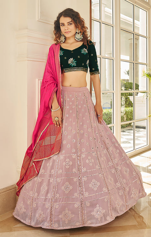 Designer Green/Pink Heavy Thread Embroidery With Sequence Work Lehenga Choli (D56)
