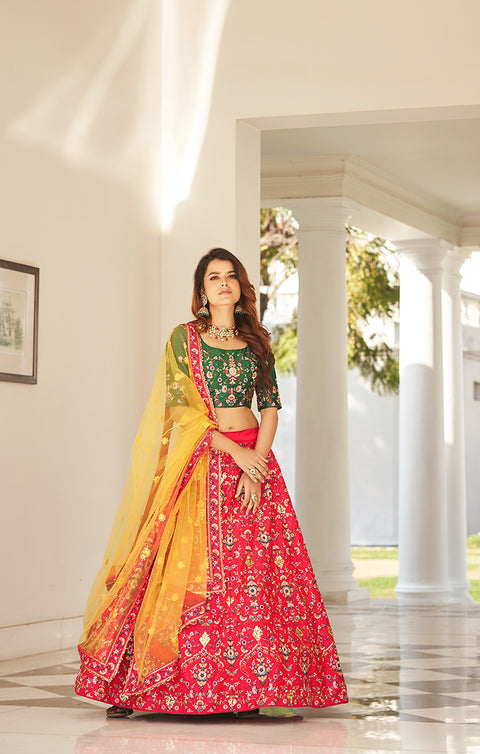 Designer Wedding Engagement Red/Green Thread with Sequence Embroidered Lehenga Choli (D24)