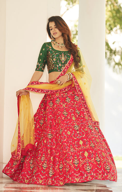 Designer Wedding Engagement Red/Green Thread with Sequence Embroidered Lehenga Choli (D24)