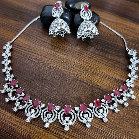 Red Color American Diamond Necklace with Earrings (D124) - PAAIE